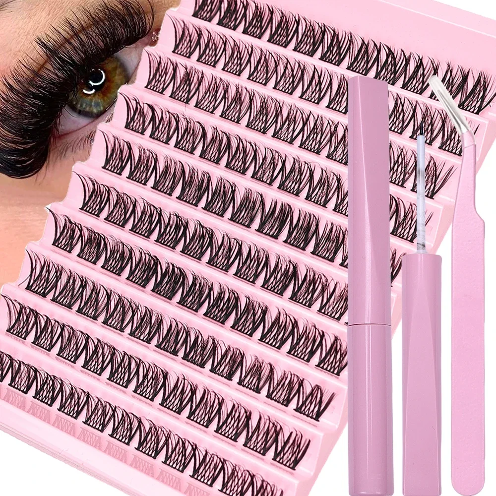 110 Pcs False Eyelashes Extension Kit with Adhesive and Tweezers - DIY Lash Clusters Mix Length Eye Makeup Tool for use at home