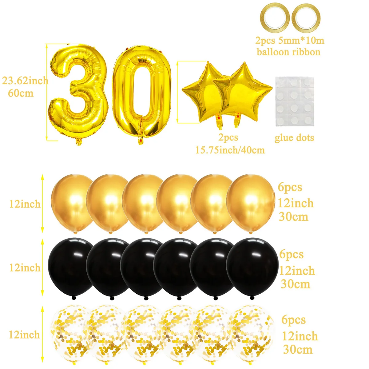 25pcs Gold Black Mixed Balloons 30th Birthday Party Decorations 30 Years Old Man Woman Birthday Decor Anniversary Number 30 Ball