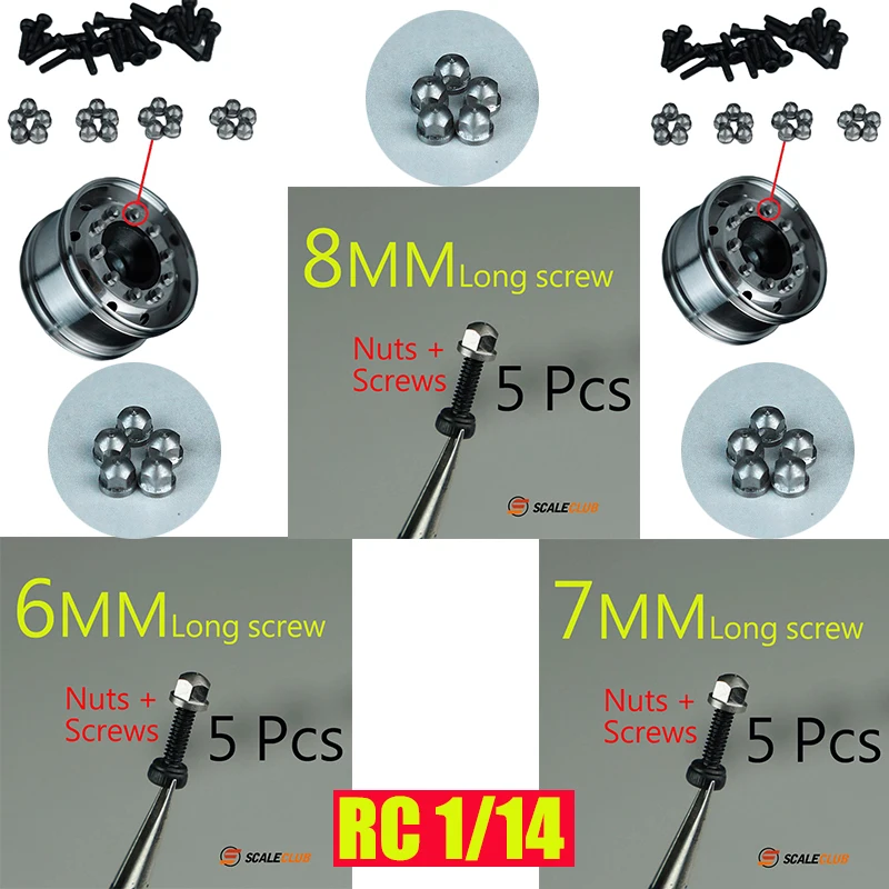 5 Pcs Scaleclub RC Wheel Rim Screws And Nuts 6mm 7mm 8mm Length For Tamiya Lesu 1/14 Tractor Truck Trailer Car Parts DIY Toys