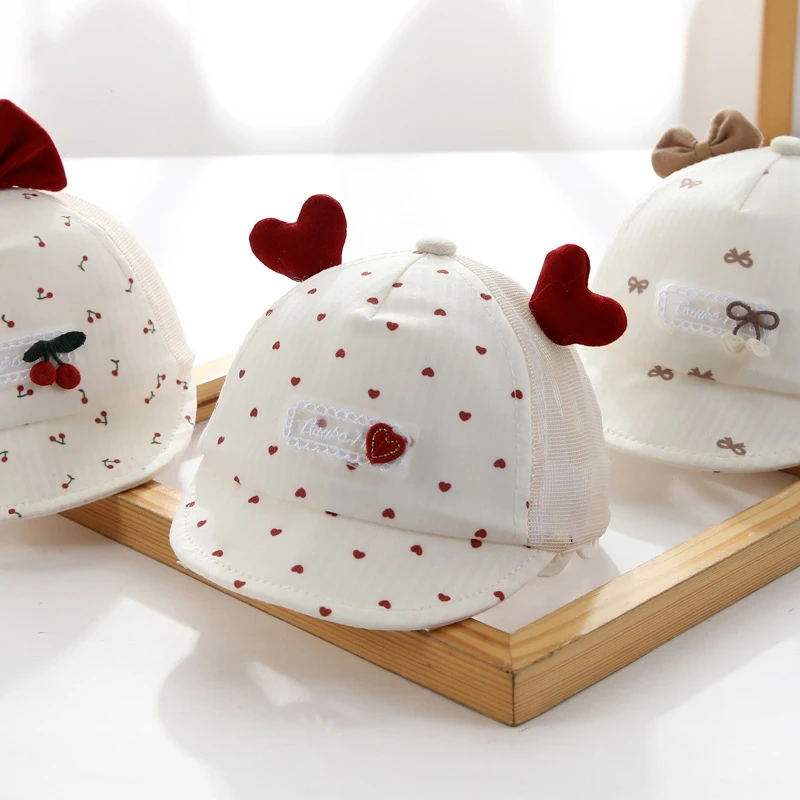 Red Bow Girls Mesh Duck Tongue Hat 0-6Month Baby Sun Hats Summer Children Sunscreen Visors Cute Cartoon Infants Net Peaked Cap