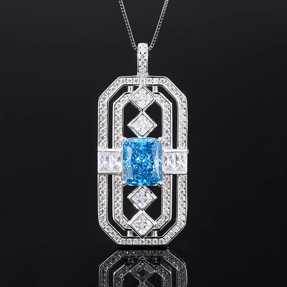 2022 Trend Retro 100% 925 Real Silver Square Card Pendant Necklace for Women 10*12mm Tourmaline Topaz Aquamarine Jewelry
