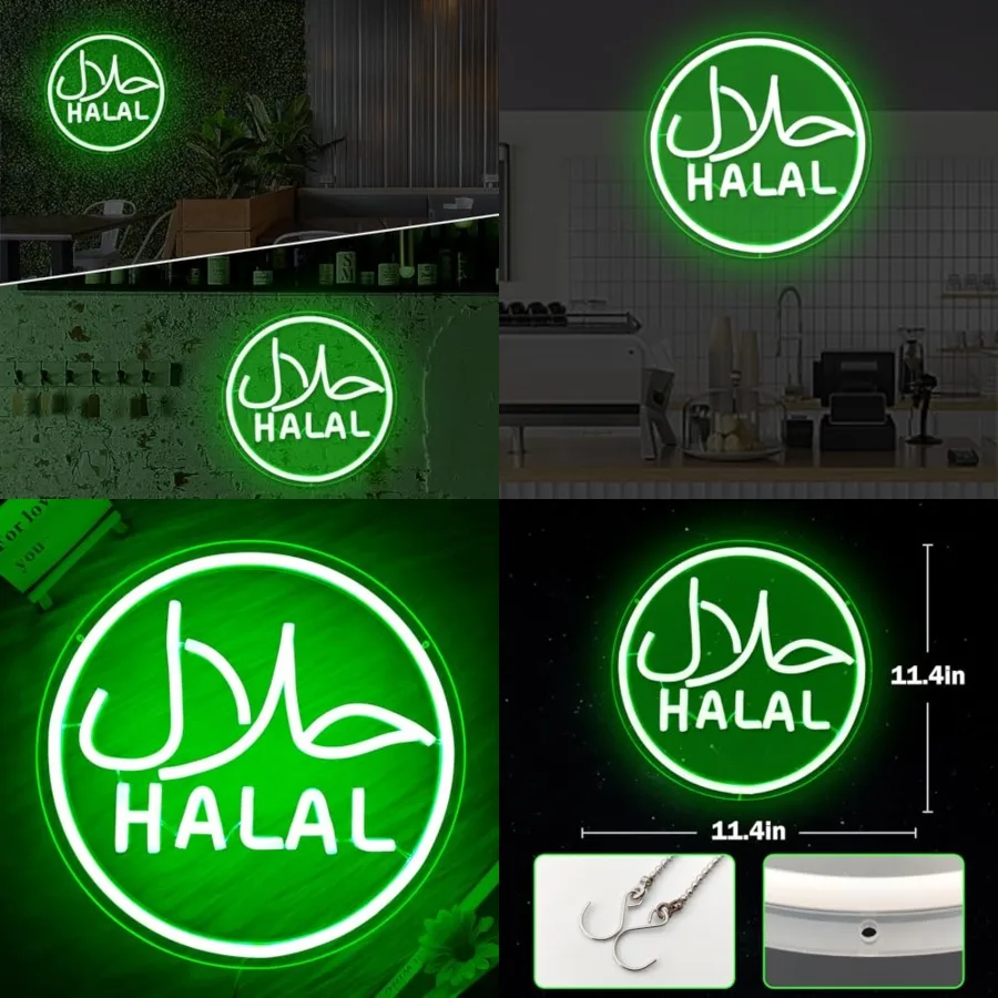 

Halal Neon Signs for Wall Decor Dimmable Led Green Restaurant Neon Light Signs for Beef Chicken Candy Snack, Halal Hanging Door