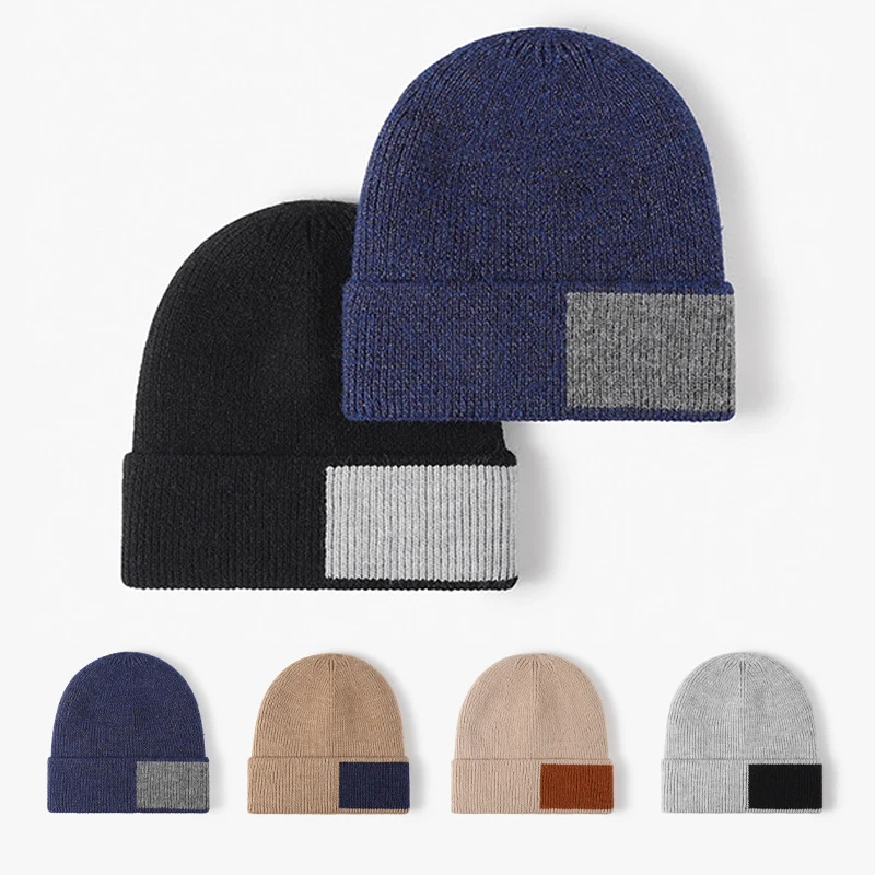 

fleece-lined thick winter hats for men plush lining knitting beanies bicolor