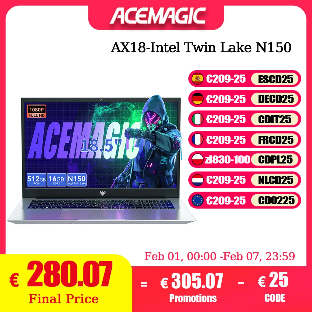 ACEMAGIC 18,5 "ordenador portátil Windows 11 PRO 8000 mAh batería procesador Intel N150 de cuatro núcleos 16GB DDR4 RAM 512GB SSD Wifi5