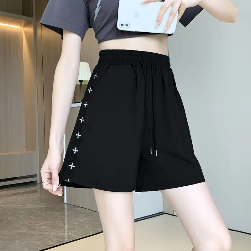 Novo verão feminino gelo seda secagem rápida calças esportivas de cintura alta solta fina casual