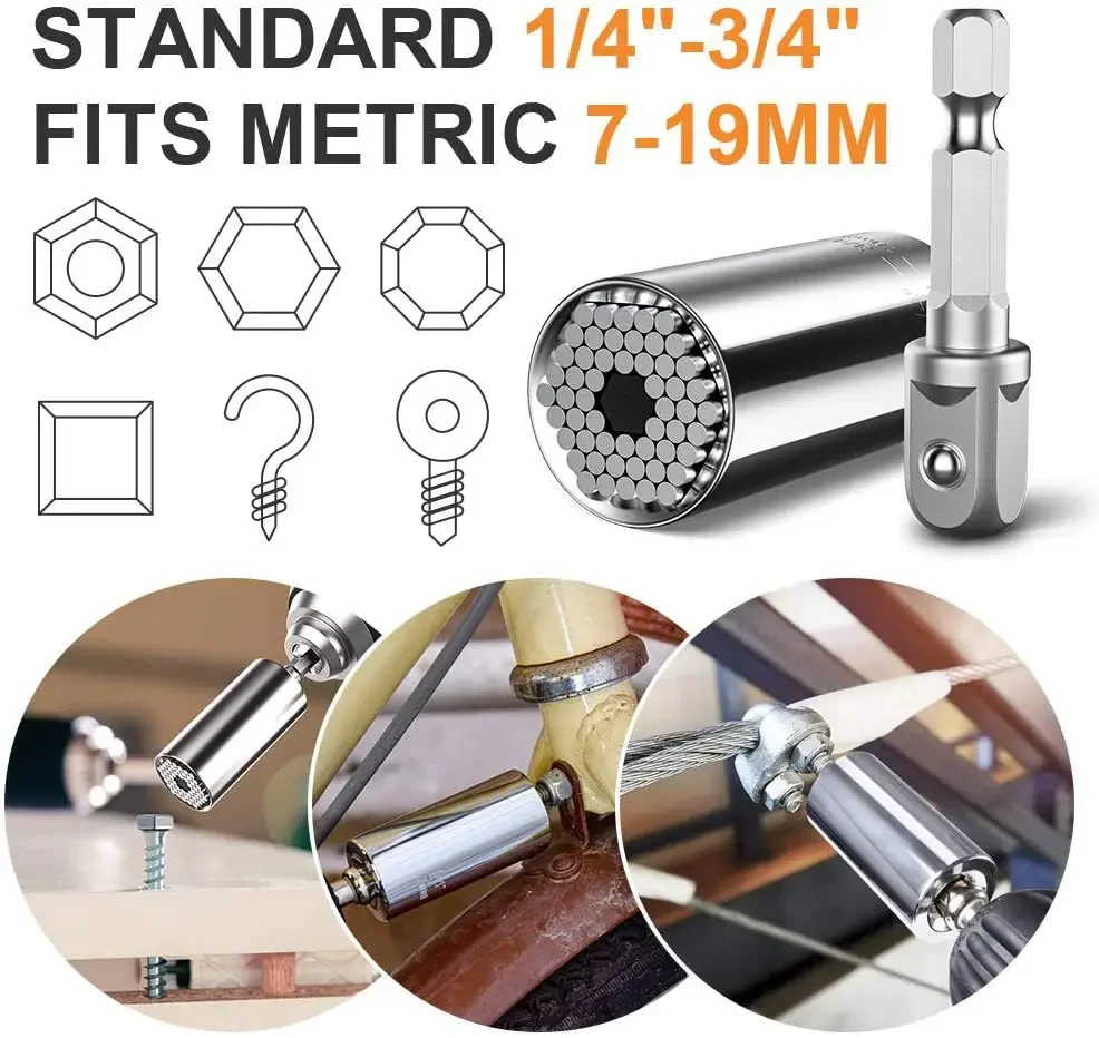 Universal Socket Wrench Head Set Sleeve Gadget 7-19mm Power Drill Adapter Spanner Key Nut Magic Grip Multi Hand Tools multitool