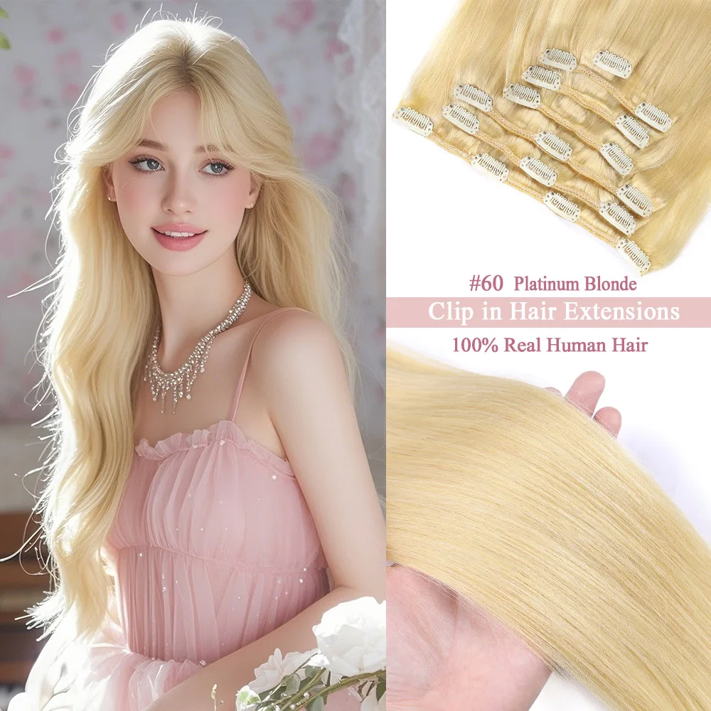 

Настоящие волосы на заколке из 100% человеческих волос Платиновый блондин Бесшовные прямые волосы на заколке Натуральные человеческие волосы 7/9 шт.