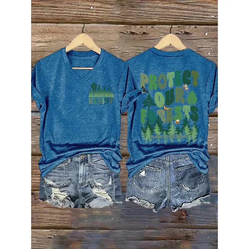 New Women's Retro Protect Our Forests Planet Over Profit Print T-Shirts Summer V Neck Tops Short Sleeve Casual Resist Tees