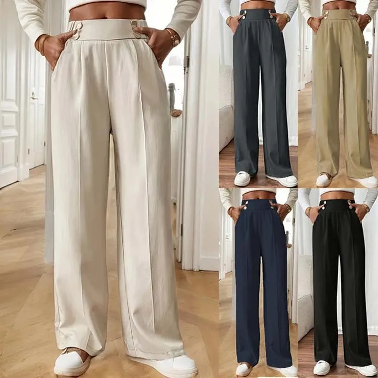 European and American New Style Pure Color Loose Casual High Waist Pants, Elegant Straight-Cut Women's niche Design
