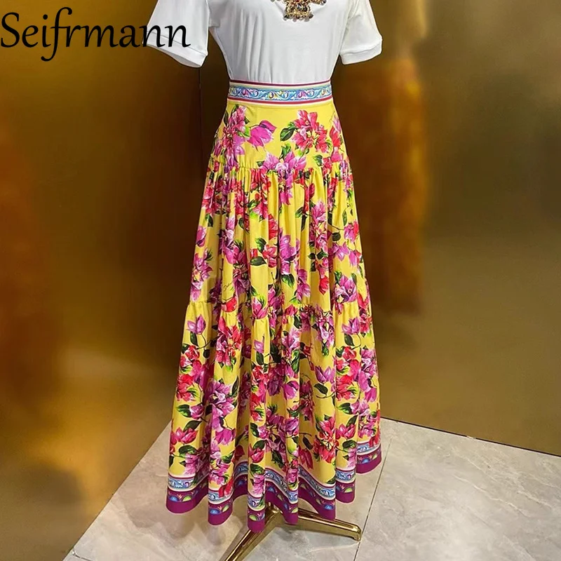 Seifrmann printed cotton half skirt for autumn 2025, A-line pleated skirt with side length