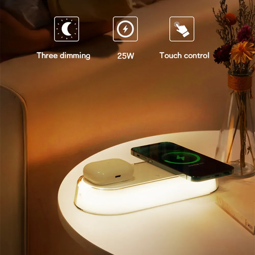 Multi Functional Wireless Charging Night Light Ambient Light 3-color Adjustable for iPhone 16 15 14 13 12for Samsung S24 S23 K35