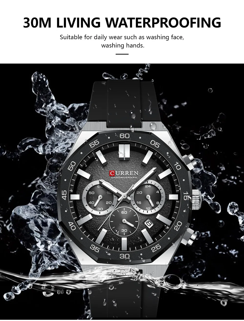 CURREN Herren Sport-Chronograph-Uhr mit Silikonarmband, Multifunktionszifferblatt mit Datum, Leuchtzeigern, Casual Quarz-Armbanduhr – Detail 4