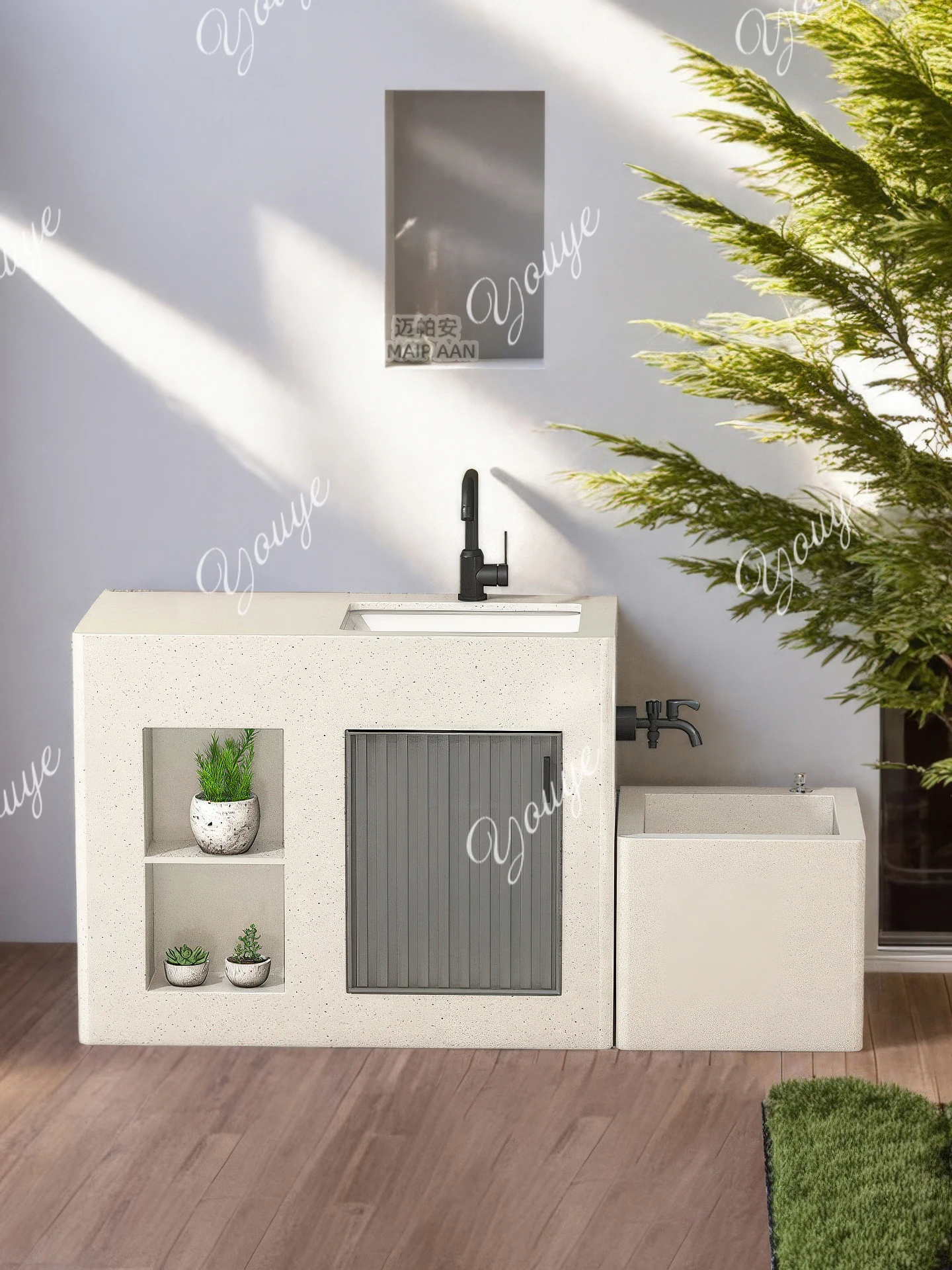 Slate outdoor column basin, courtyard wash basin,  garden basin, round edge integrated wash basin