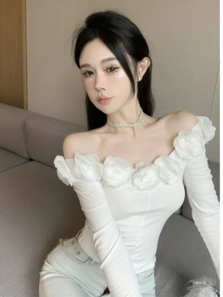 

Spring Elegant High-Grade Three-Dimensional Rose Lace Sexy Clavicle Shirt Women's Sweet Hot Shoulder Long-sleeved Top