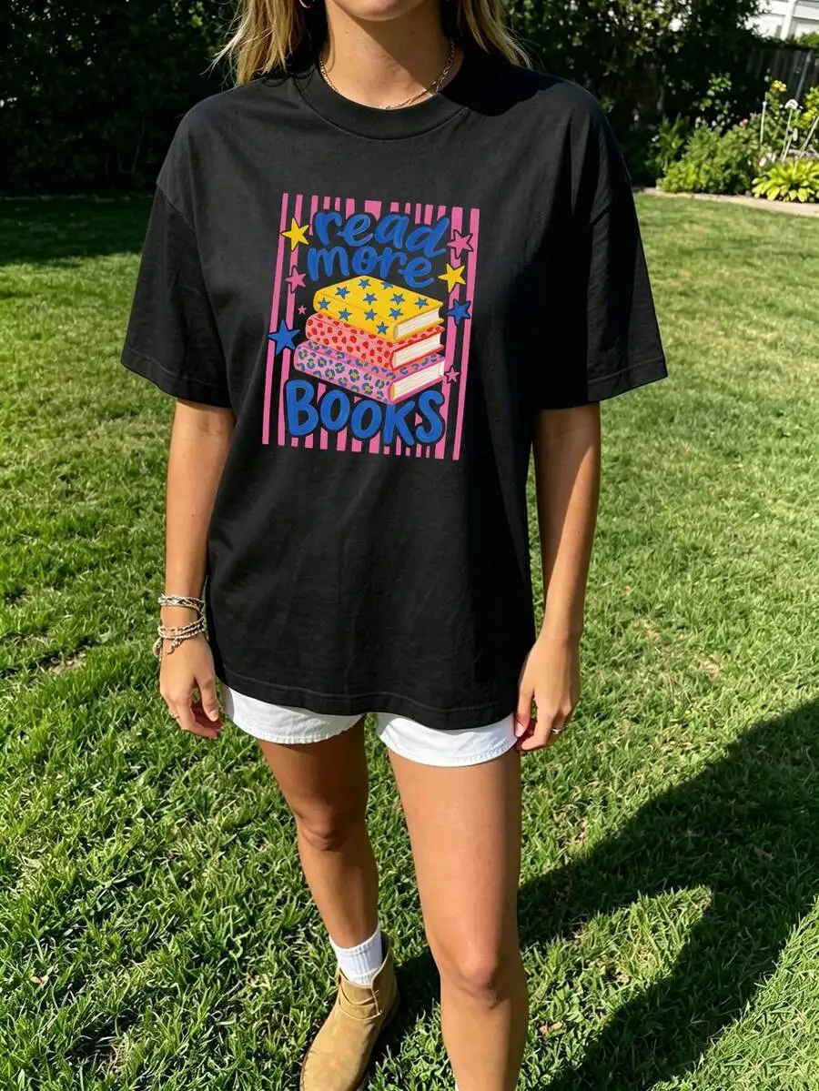 Retro Read More Books Graphic Tee Women Stripe Leopard Book Printed Back To School Teacher Summer Vacation Top