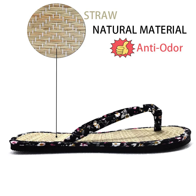 Floral Sandals for Women Cloth Straw Flip Flops Woven Flat Rattan Slippers Wicker Shoe Woman Summer 2024 Flip-flop Home Bohemian