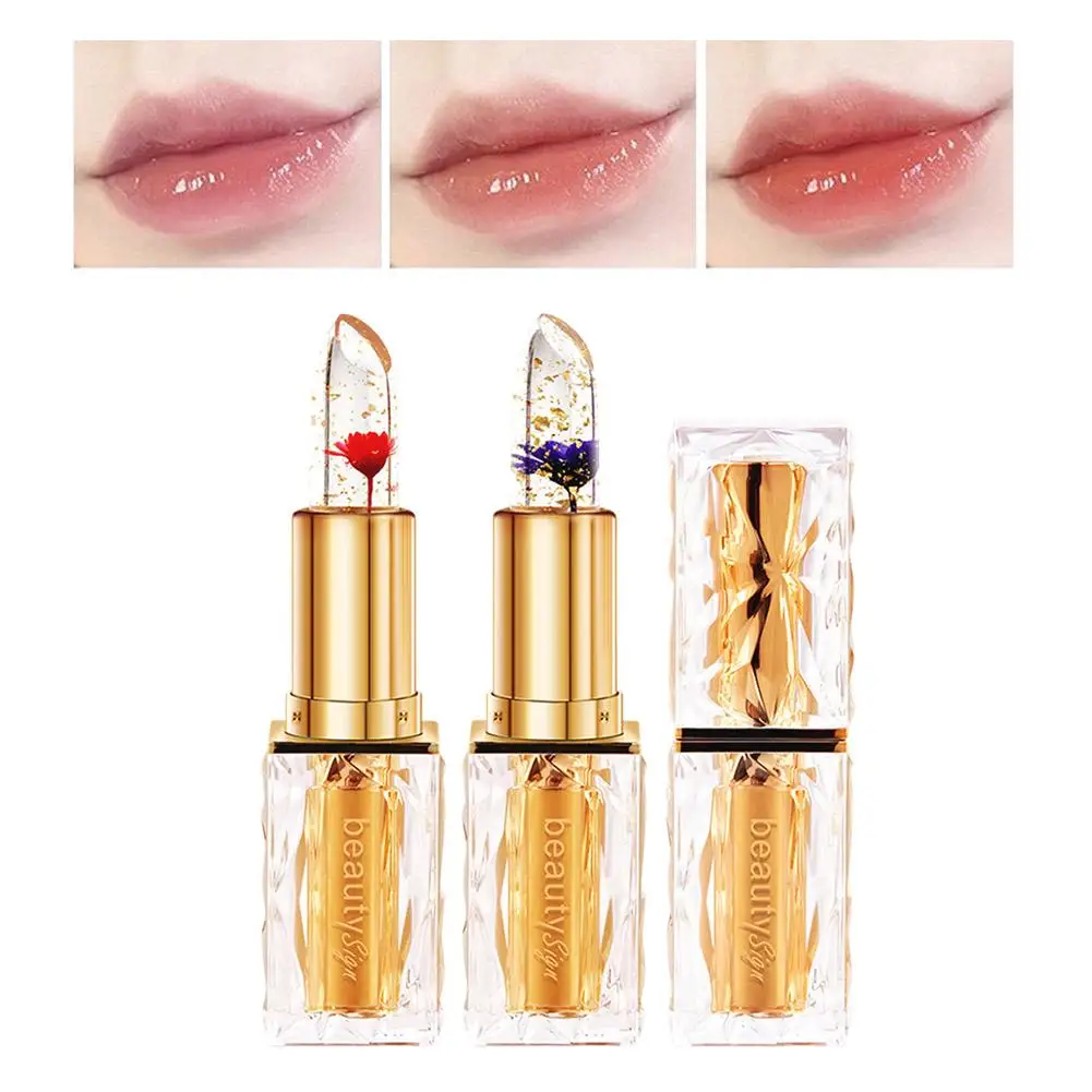 Temperature Color Changing Lipstick,Gold Foil Flower Jelly Lipstick Moisturizer Lip Balm Magic Color Change Lip Gloss