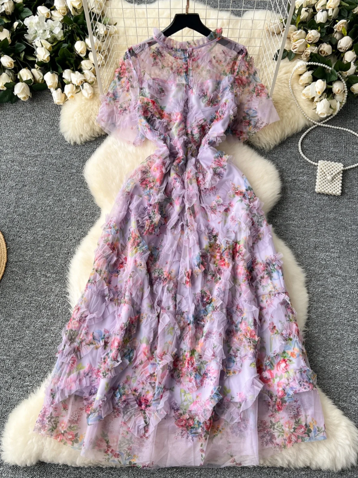 Runway Summer Autumn Holiday Floral Midi Tulle Prom Dress Women Layers Ruffles Cake Dresses Long Party Vestidos Quality