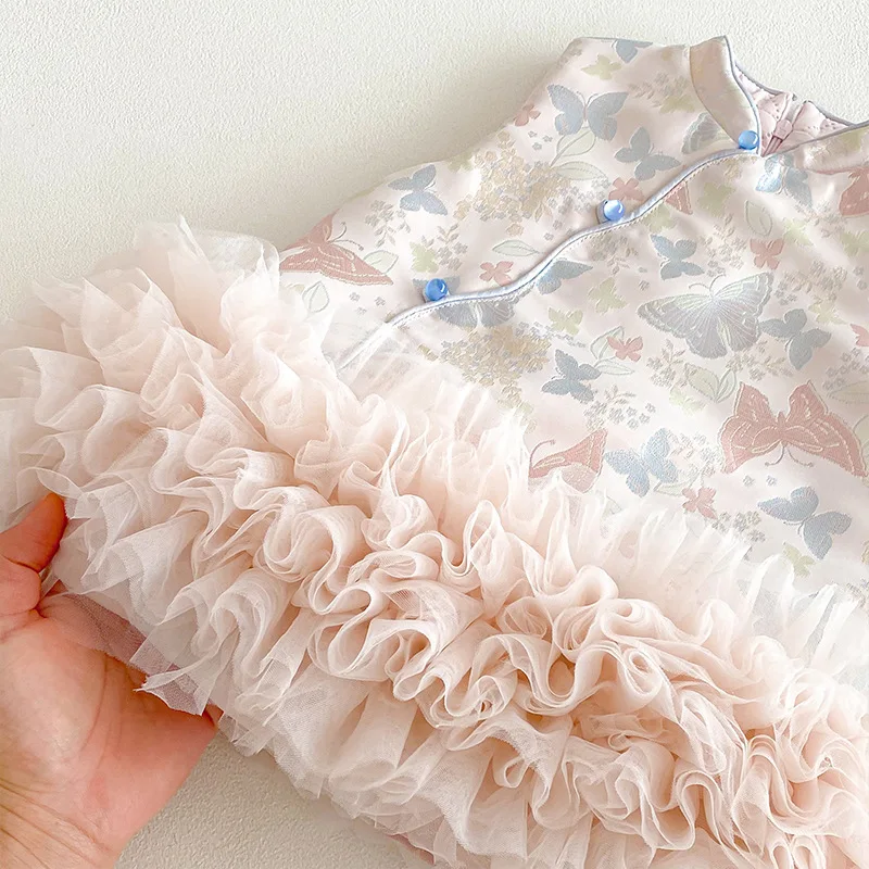 فستان بناتي ريترو للعام الجديد 2025 شتاء جديد للأطفال على الطراز الصيني تنورة مائلة فستان كعكة فستان سميك للأطفال