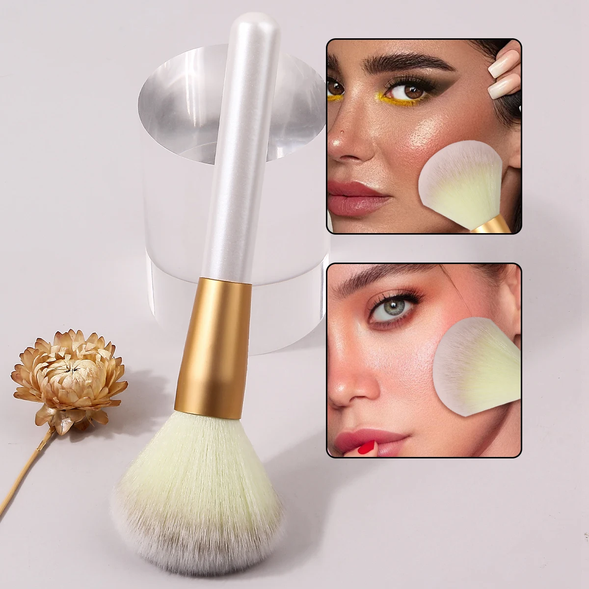 1 peça de escova de blush com cabo de madeira perolada bege, escova de contorno de cabelo macio de alta qualidade, multifuncional facial de alto brilho