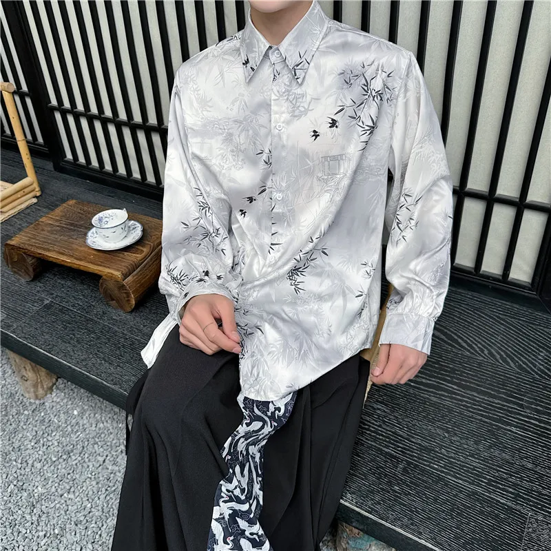 NOYMEI 2024 New Summer New Chinese Bamboo Print Design Men's Shirt Long Sleeve Flip Collar Casual Fashion All-match Top WA4417