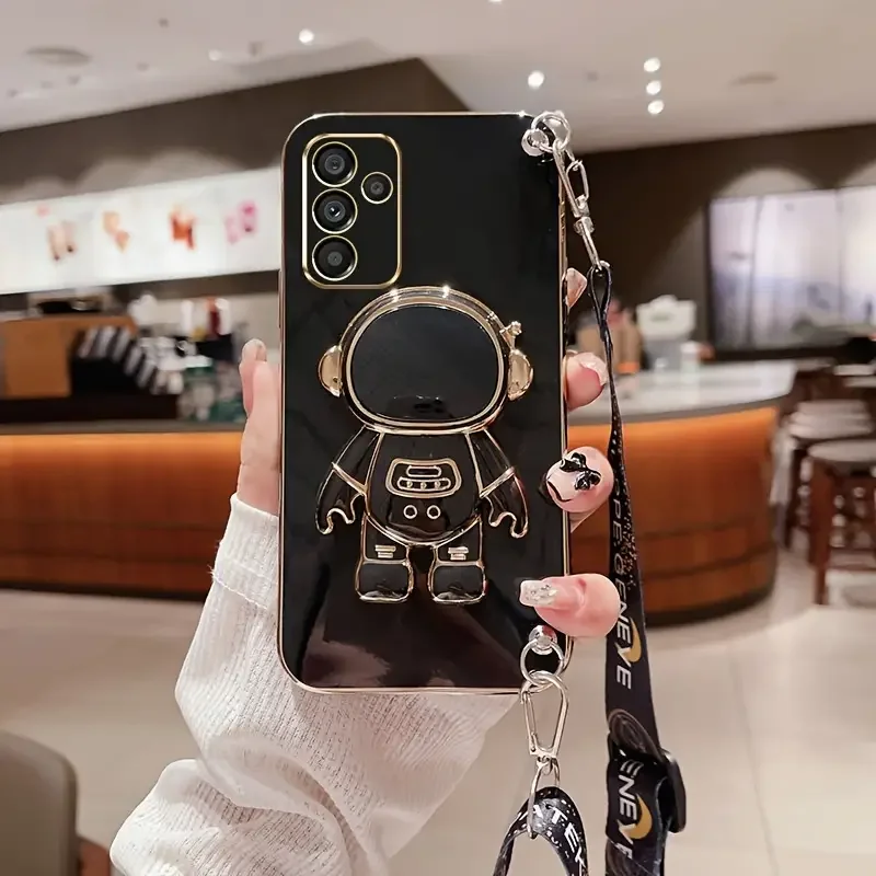 S 24 23 22 Astronaut Holder Lanyard Plating Phone Case For Samsung S23 S22 S24 S21 S20 Fe Plus Ultra Note 20 Bracket Soft Cover