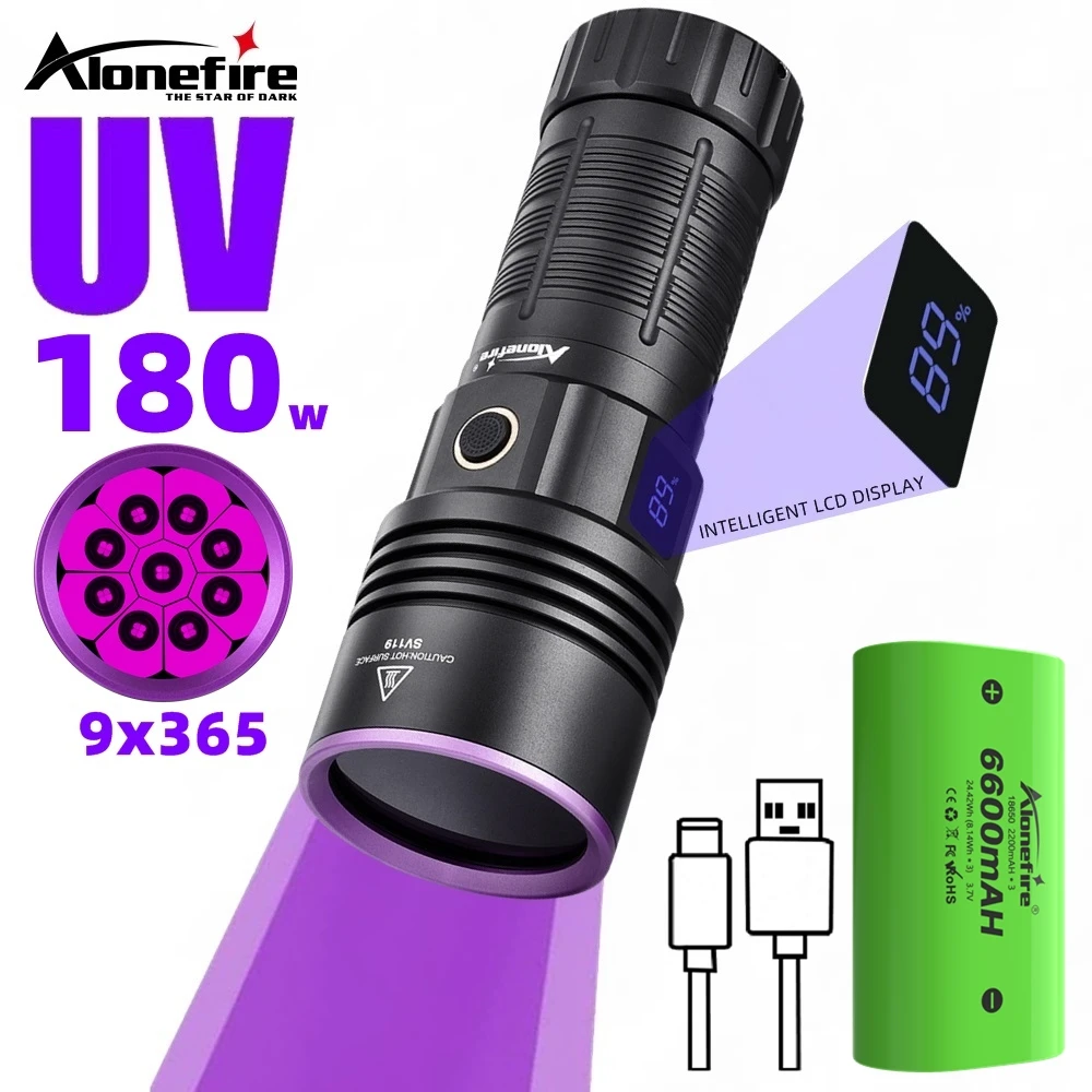 180W 365nm Ultraviolet UV Flashlight 9Core Black Mirror Purple Light Wood's UV Pet Urine Tinea Ore Ink Dryer Fluorescer Detector