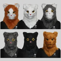 Movable Mouth Cat Head Mask Animal Latex Cute Helmet Artificial Fur for Halloween Costumes Party Props Adult Size