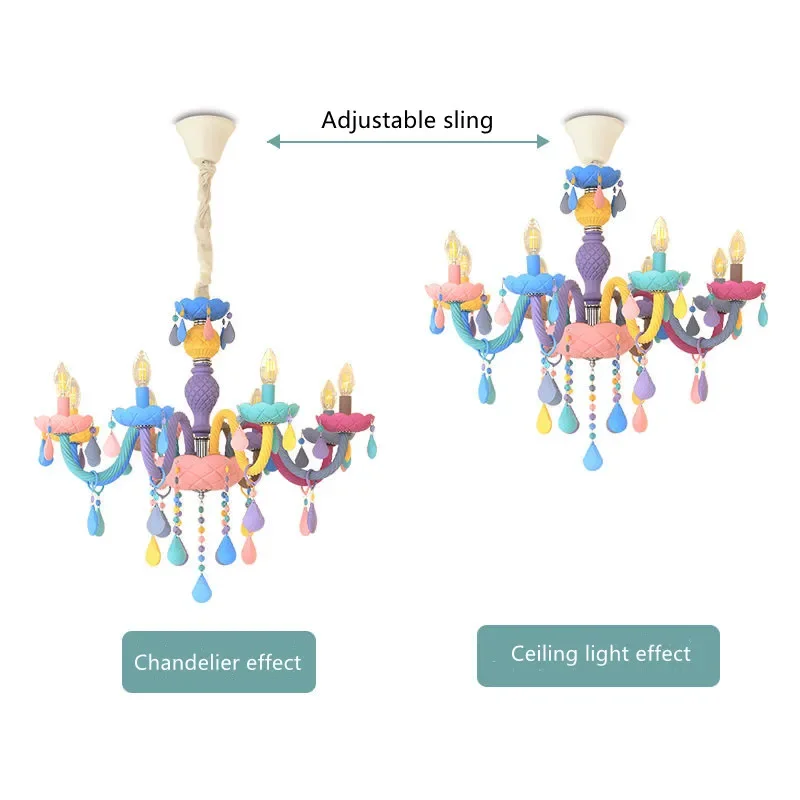 Modern Rainbow Color Candle Crystal Chandelier lustres Children's Bedroom America Girl Princess Makaron Lamps Drop Light Fixture