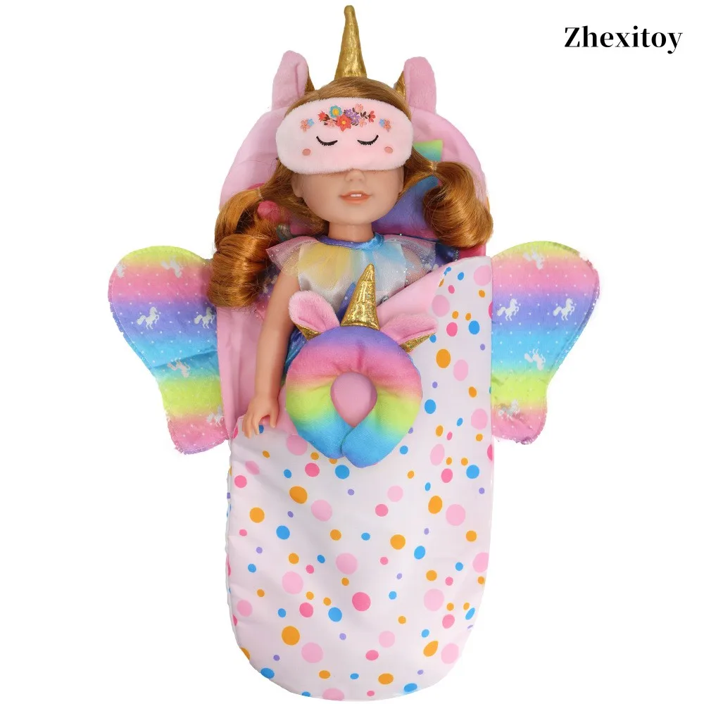 Zhexitoy 10-18 Inch Doll Camping set, Rainbow Wing Sleeping Bag With Eye Mask Sets for Brithday Gifts, Baby dolls Accessories