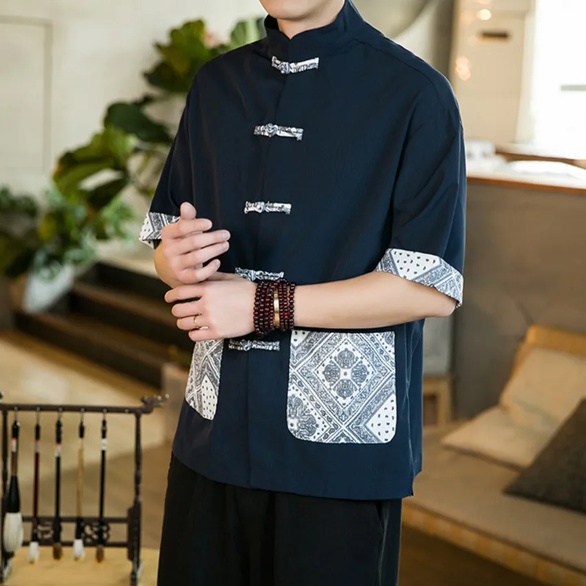 

Мужская летняя модная рубашка из ледяного шелка с коротким рукавом, свободного кроя, в китайском стиле, с воротником-стойкой на пуговицах, в стиле танского костюма