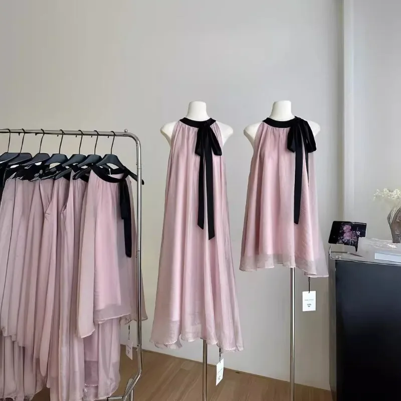 

Shpmishal 2024 Spring New Contrasting Bow Dress Women's Hanging Neck Round Neck Loose Girl Style Dresses Female Clothing