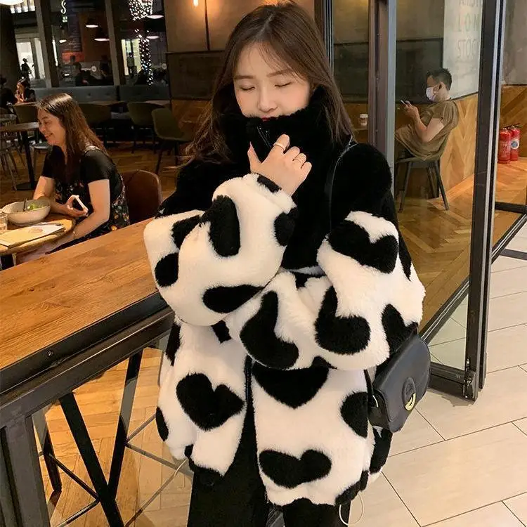 

Winter Warm Colorful Leopard Print Faux Fur Coat Women Zip Up Multicolor Kawaii Cute Loose Fluffy Jacket 2023 New Heart Top Q18