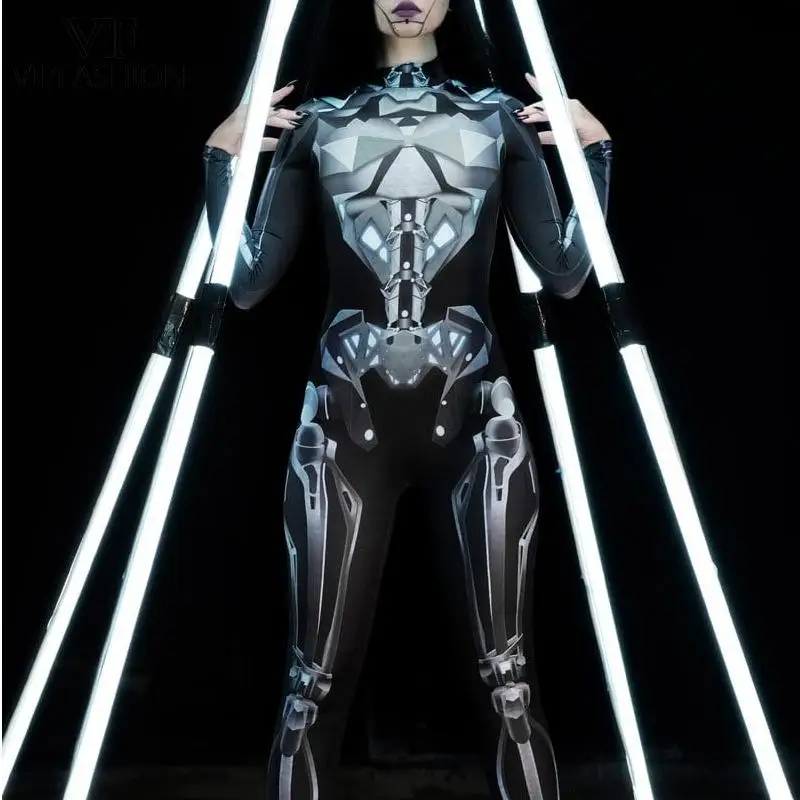 VIP FASHION Cyber Jumpsuit for Women Robot Punk Costume Fancy Cosplay Bodysuit Carnival Halloween Party Clothes Sexy Zentai Suit