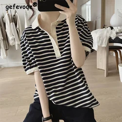 Summer Casual Fashion Striped Printing T-shirt Lasies Short Sleeve Pullover Tops Women Solid Loose Polo-neck Tee Female Clothes