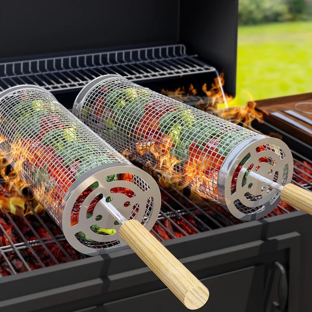 Rolling Grilling 、Stainless Steel BBQ Net Tube Baskets Accessories Tools for Vegetable Fish Meat Food Camping