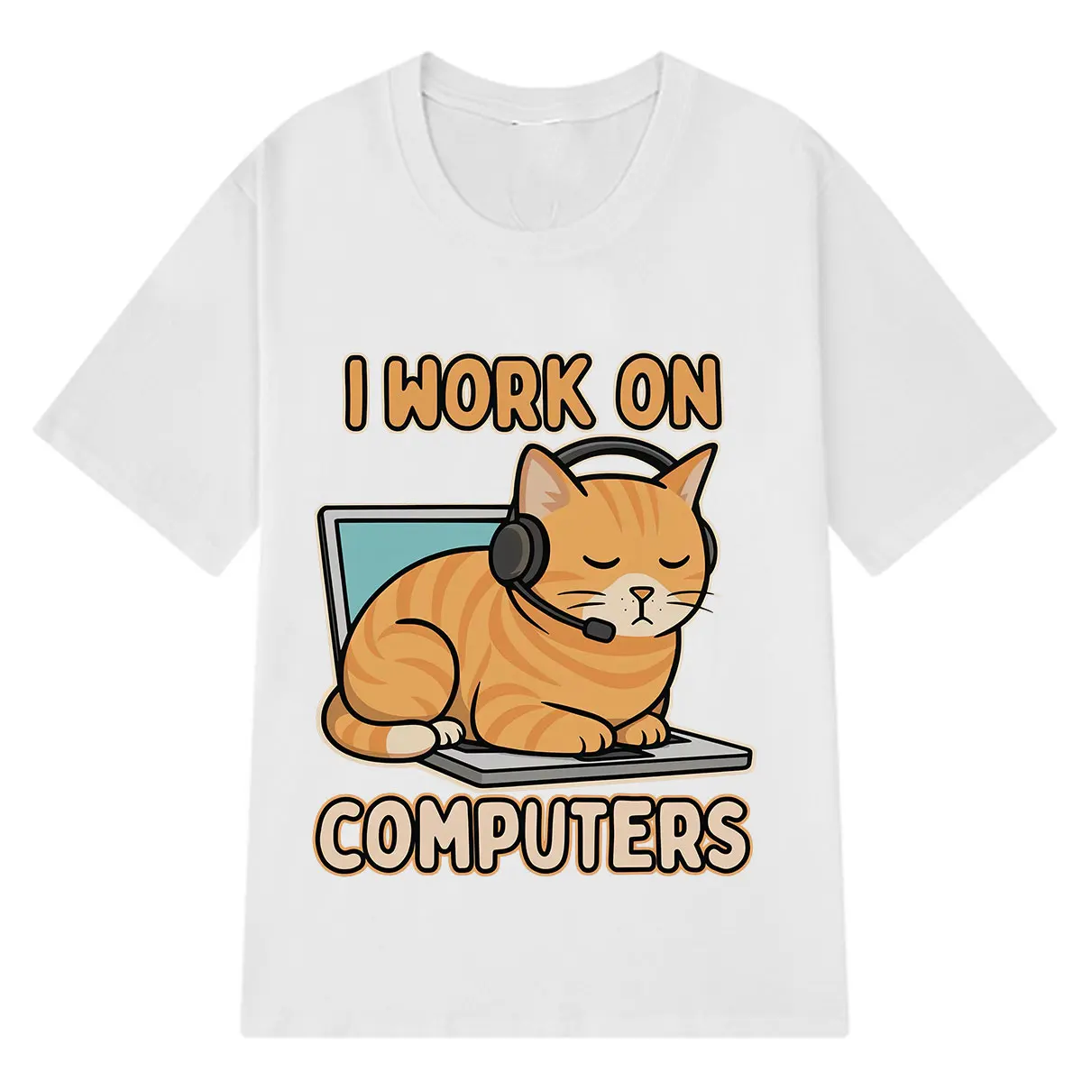 I Work Computer Funny Cat Meme T-shirt Men Women Hip-hop Punk T-shirts Short-sleeved Cotton Loose Casual Fashion T-shirt