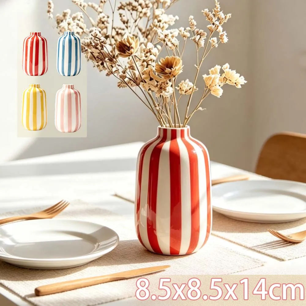 1 Stück Gestreifte Glasierte Keramik-Blumenvase Bunte Kleine Vase für Trockenblumen Niedliche Ornamente Geschenk für Nordische Heimdekoration