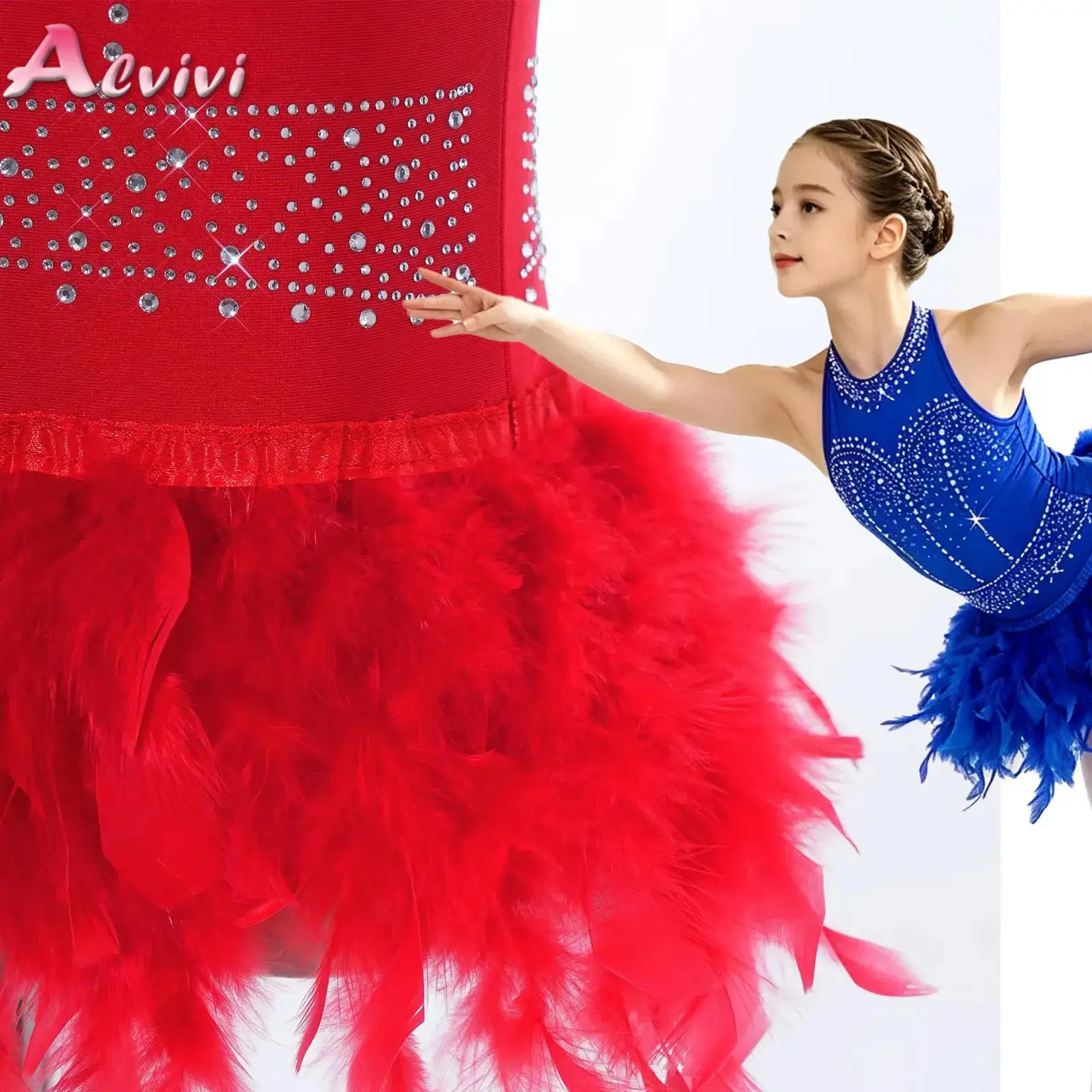 Kids Girls Feather Dance Leotard Glittery  Sleeveless Cutout Back Mesh Bodysuit Latin Ballet Dancewear for Stage Performance