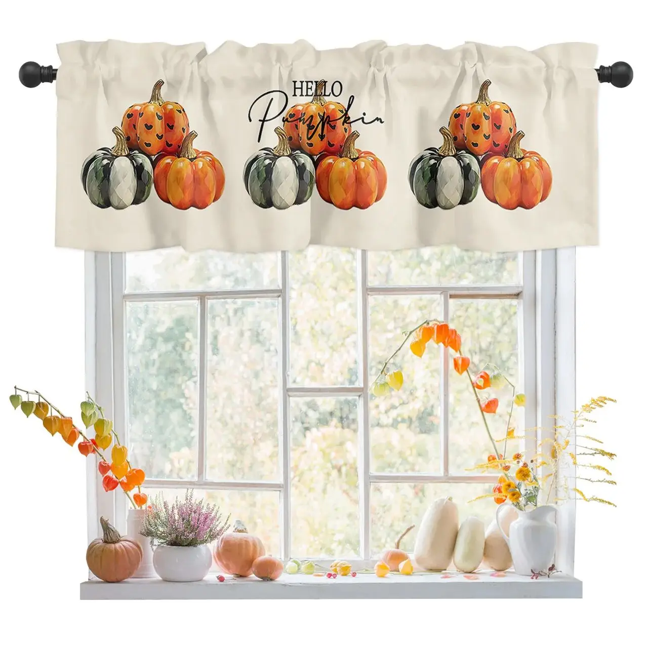 

Window Valances Rod Pocket Curtains Drapes, Rustic Fall Pumpkin Short Topper Curtain for Kitchen Cafe Living Room, 1 Panel