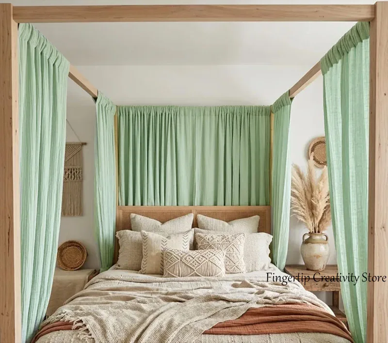 Gekräuselte 100% Baumwoll-Musselin Bettbaldachin-Paneele, Boho Schlafzimmer-Vorhänge, Weiche Atmungsaktive Vierpfosten-Bettvorhänge Wohnzimmerdekoration – Detail 8
