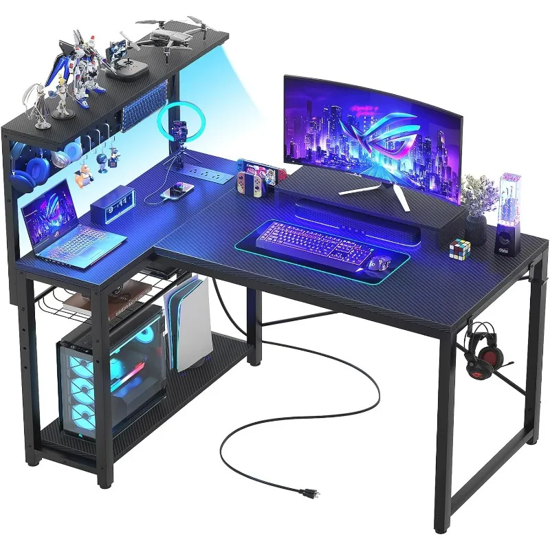 Small Gaming Desk with Power Outlets Pegboard LED Light, 43 Inch L Shaped Computer Desk with Monitor Stand Storage Shelves