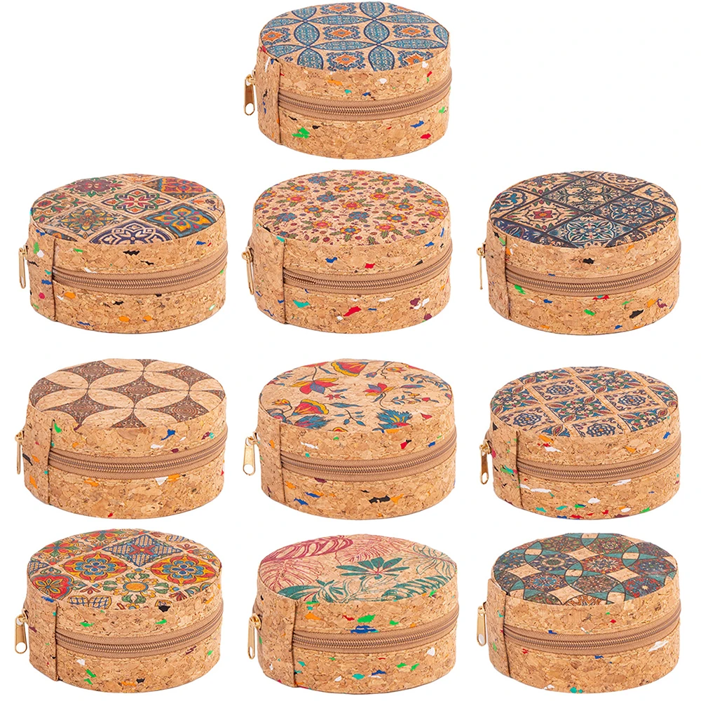 6pcs Cork Leather Circle Shaped Earrings Necklaces Portable Jewelry Box For Lady
