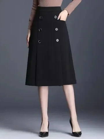 

Юбка А-силуэта с высокой талией для женщин больших размеров, модный дизайн, на шести пуговицах, средней длины, весна-осень, универсальная, стройнящая, скрывающая бедра