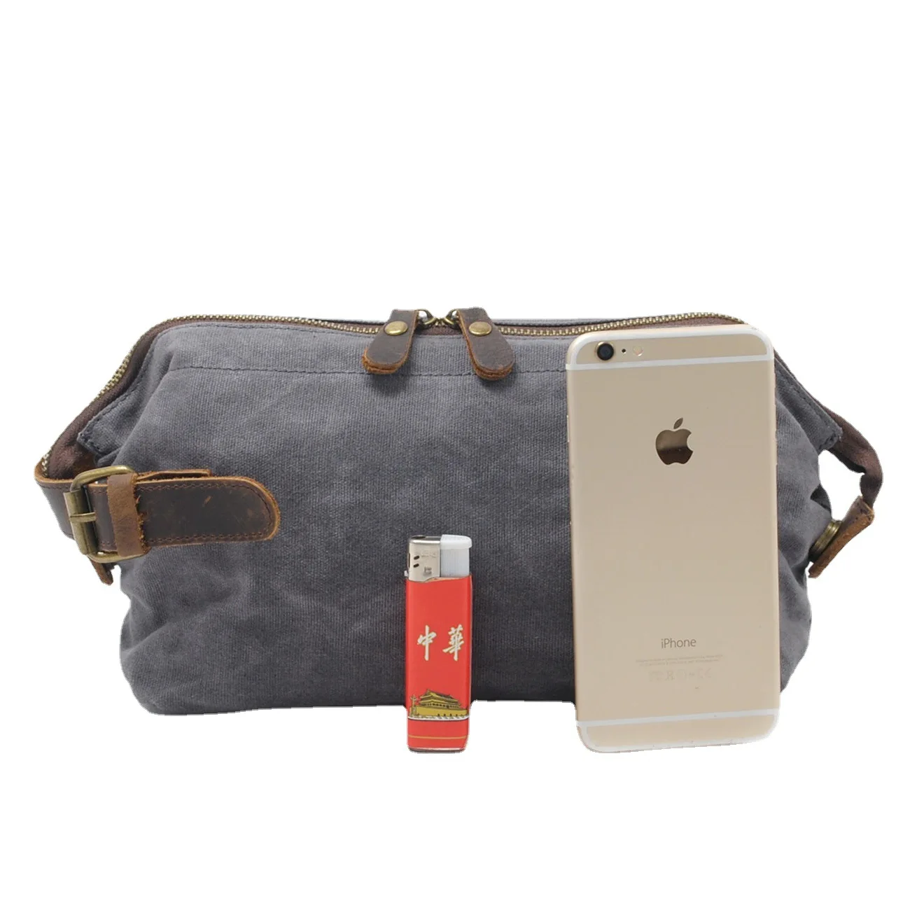 

Men's Business Travel Wash Bag Retro Canvas Waterproof Oil Wax Handheld Luggage Toiletry Pouch Leather Handbag for Travel