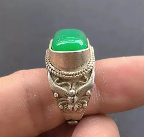 

Chinese personality butterfly hidden silver retro Miao silver national wind green jade amulet finger