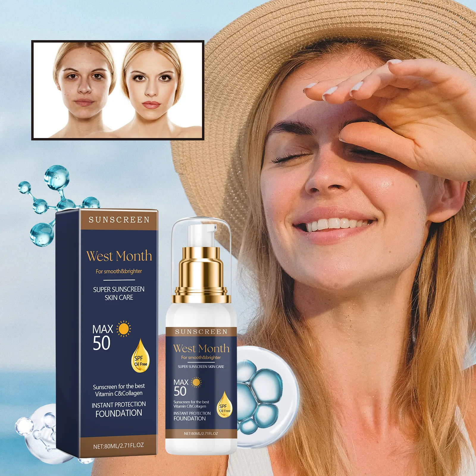 Sunscreen Vitamin C & Collagen Instant Protection Foundation Moisturizing Gentle Refreshing Isolating UV Protective Cream