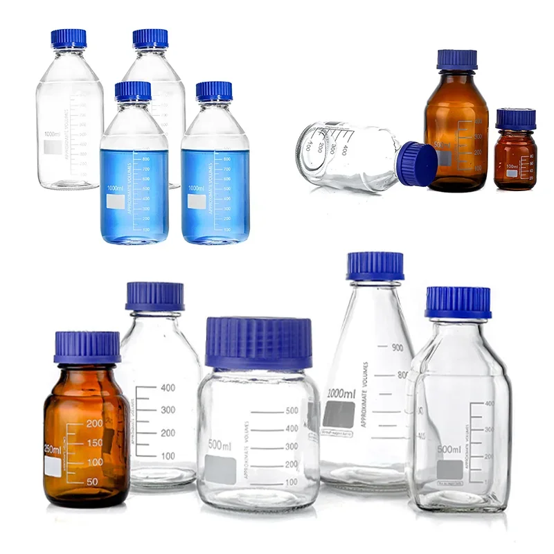 5pcs 25-1000ml Media Storage Glass Bottles Borosilicate Scientific Round Graduated Media Bottle with Blue Gl45 Screw Cap for Lab