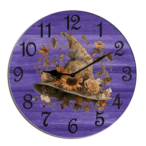 Halloween Witch Wall Clock Witch Hat Wooden Halloween Holiday Party Silent Non Ticking Battery Operated Wood Clock For Bedroom