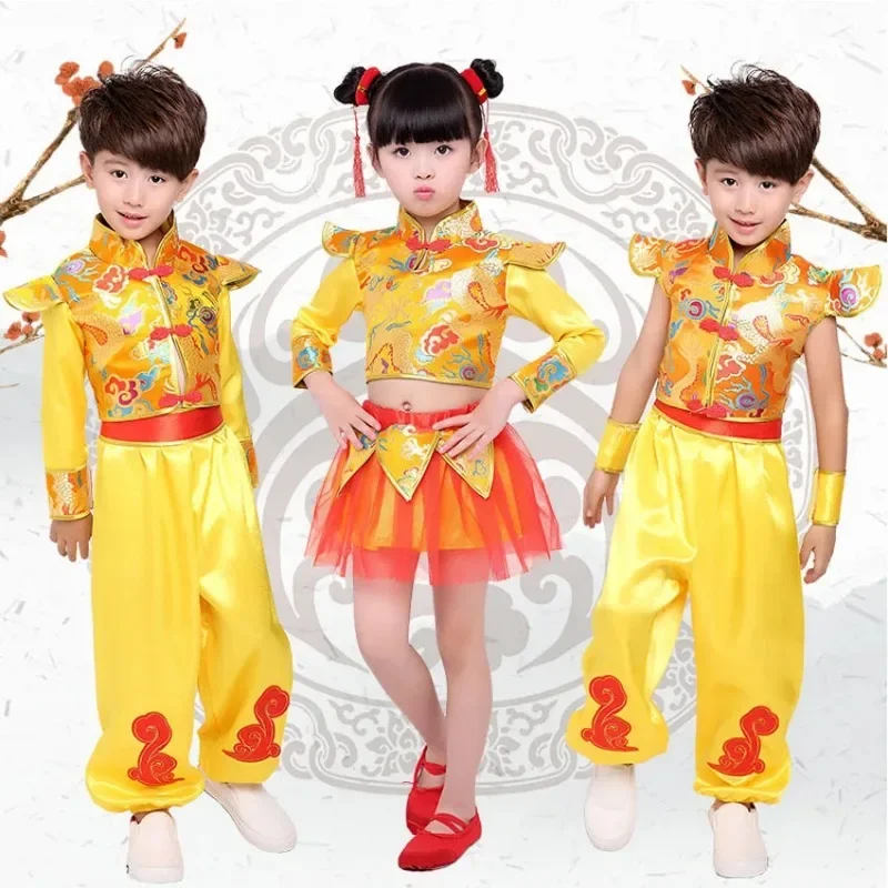 Chinese Traditionele Nieuwjaarskostuums Draak En Leeuw Dans Kinderen Kleding Set Rood Kungfu Wushu Uniform Tang Pak Hanfu